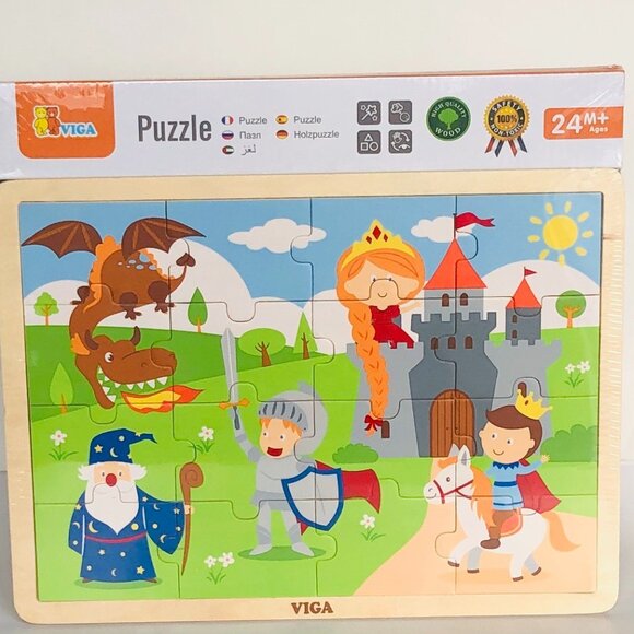VIGA 16 Pcs Flat Wooden Puzzle w/Tray -Fairy Tale Knights New Sealed For Age 2+ - Picture 11 of 15